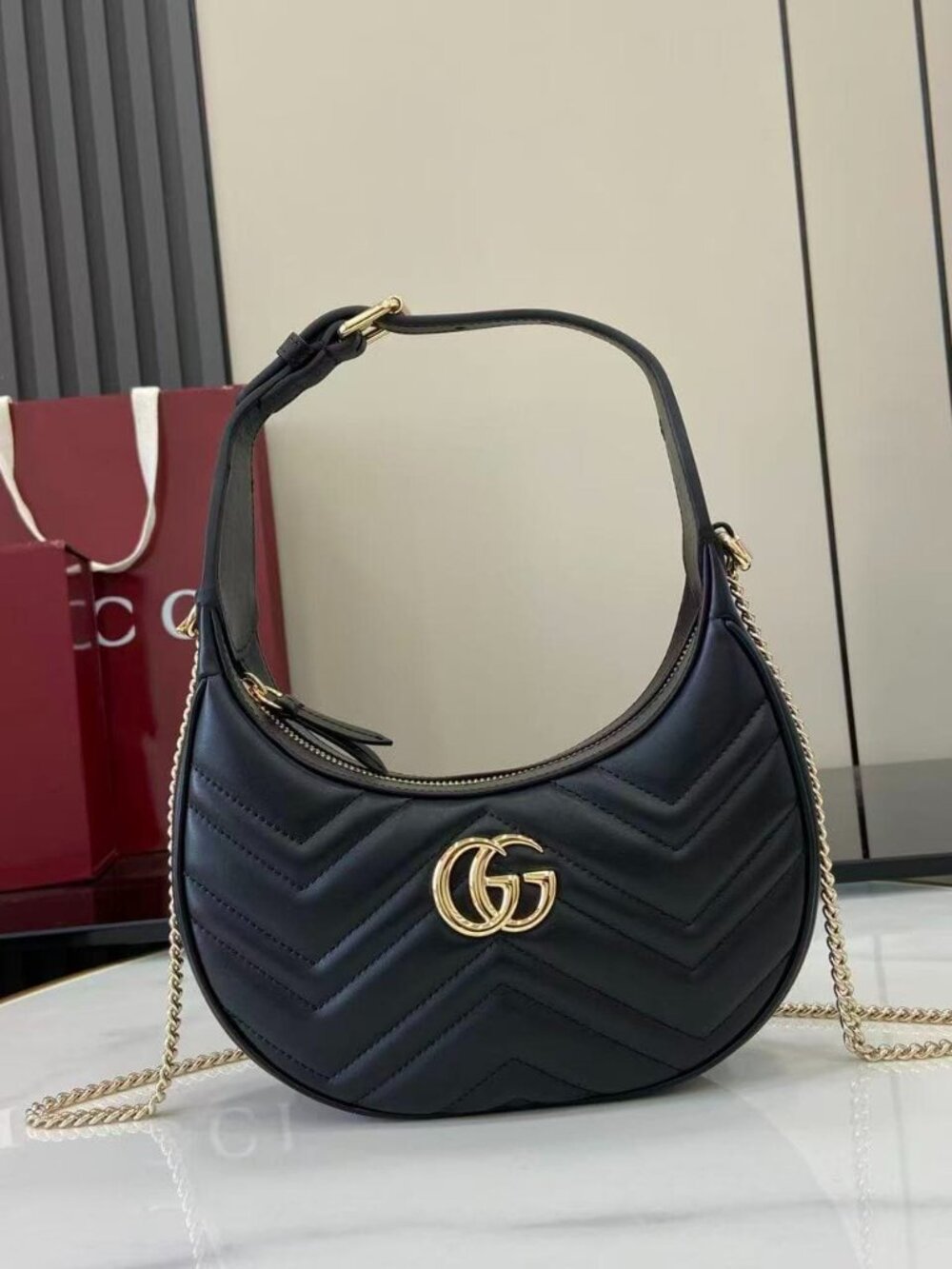 Gucci GG Marmont Matelasse Half Moon Shoulder Bag Crossbody Purse Handbag